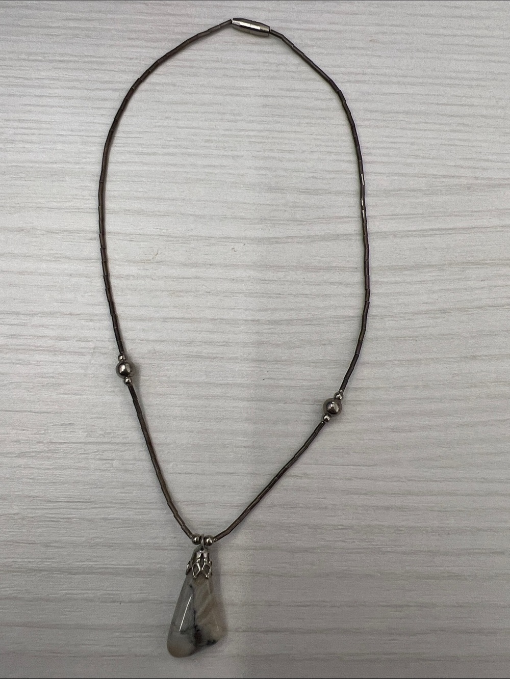 Delicate Gray Bead Necklace with Teardrop Pendant - Picture 5 of 8